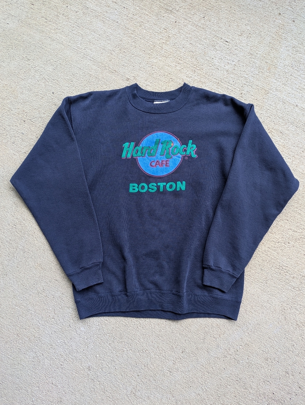 Vintage 90s Hard Rock Cafe Navy Crewneck Sweatshirt with Teal & Turquoise Logo